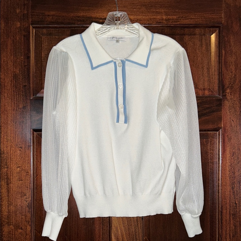Siani White Polo-Style Long Sleeve Sheer pleated sleeves & Light Blue Trim M